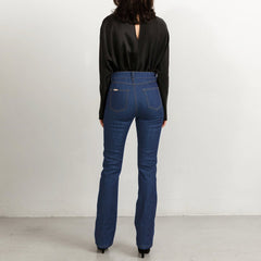 Long Flared Jeans In Mid Blue With Sand Stitch