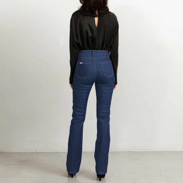 Long Flared Jeans In Mid Blue With Sand Stitch