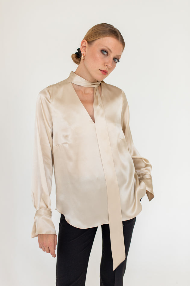 Silk Blouse With A Sash Beige