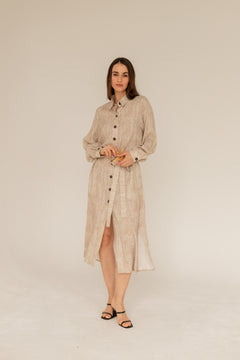 Shirt Dress Maxi Beige Print