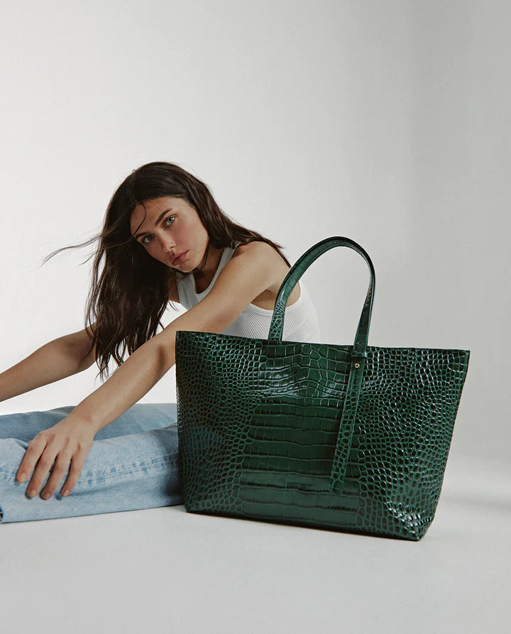 LEANDRA - Croco Engraved Leather Shopping Bag Green