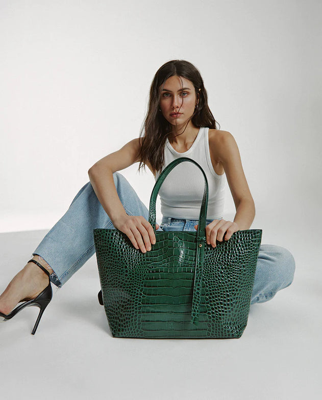Croco Engraved Leather Shopping Bag Green
