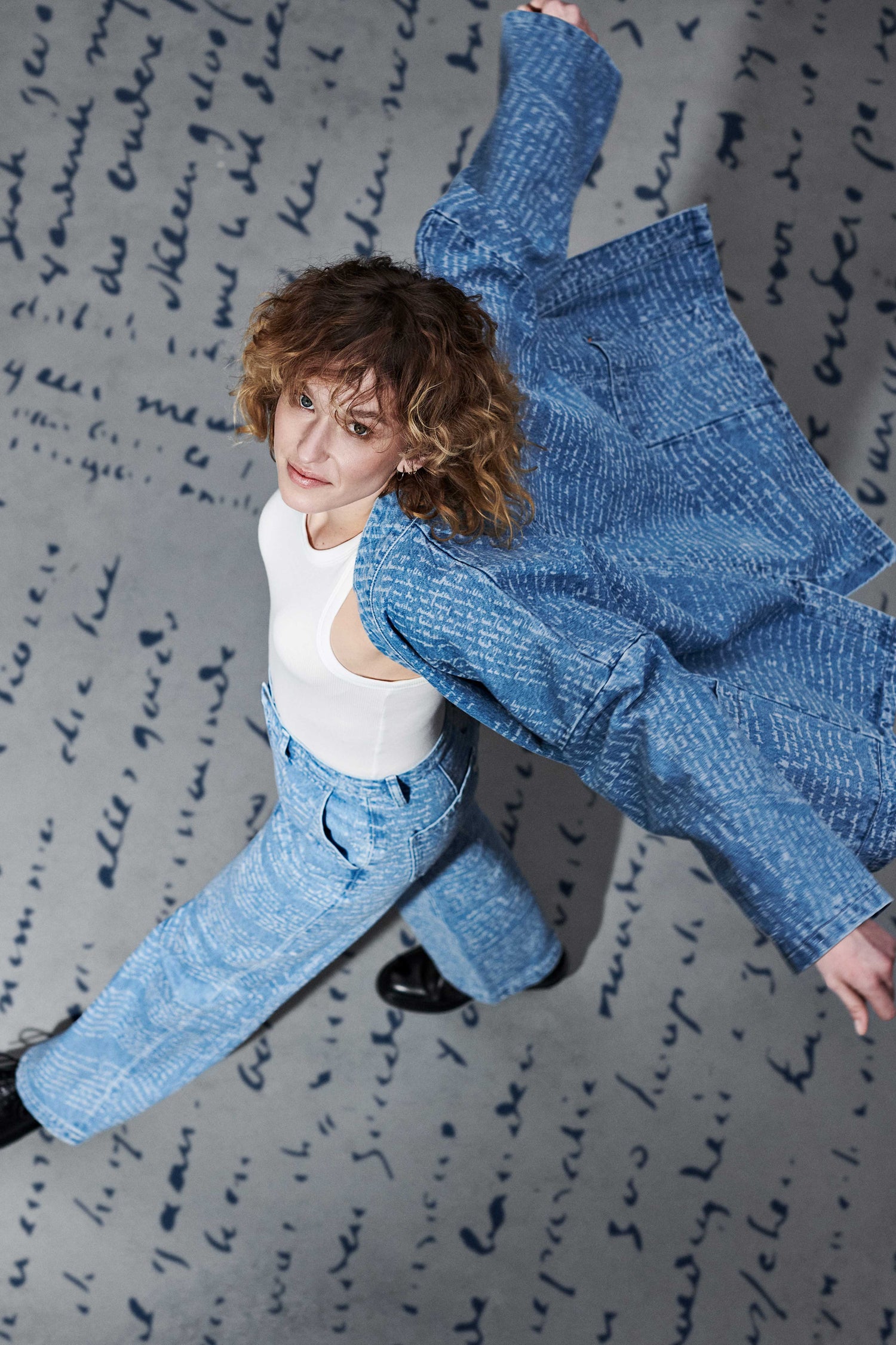 Van Rope Denim Jacket Letter Blue