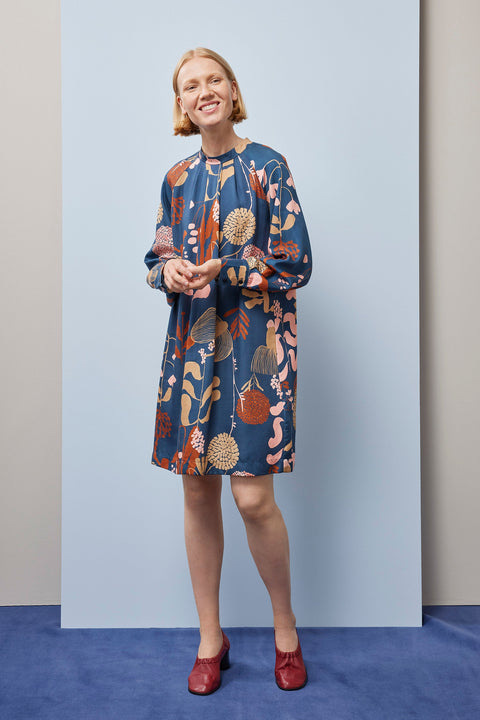 Pleated Mini Dress Wild Garden Dark Petrol