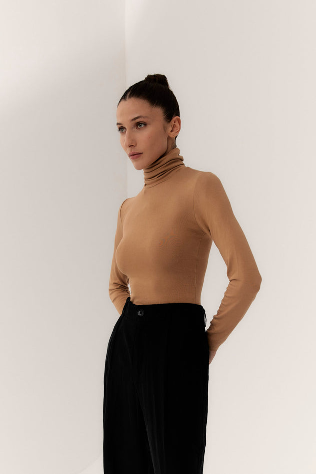 Soft Knit High Neck Bodysuit Camel