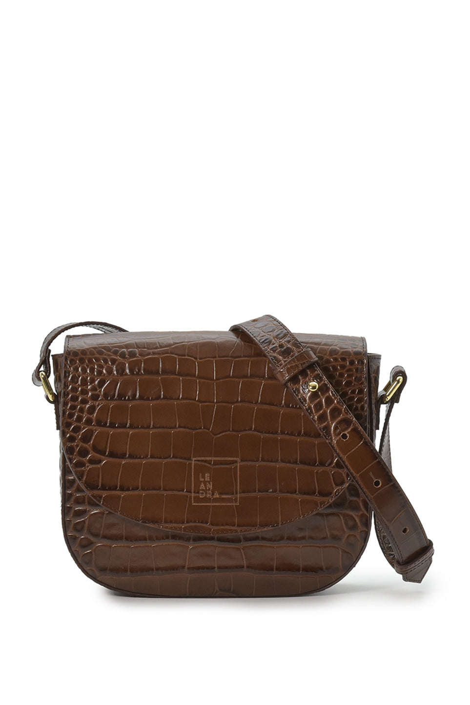 Croco Engraved Leather Shoulder Bag Brown