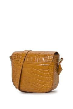 Croco Engraved Leather Shoulder Bag Camel