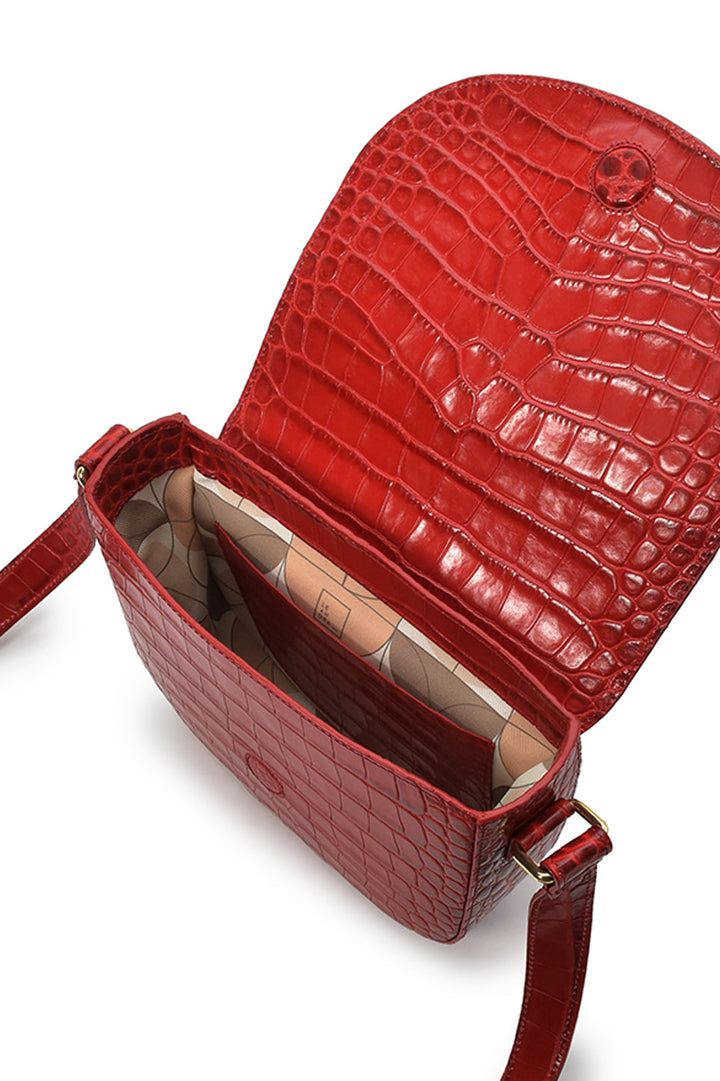 LEANDRA - Croco Engraved Leather Shoulder Bag Red