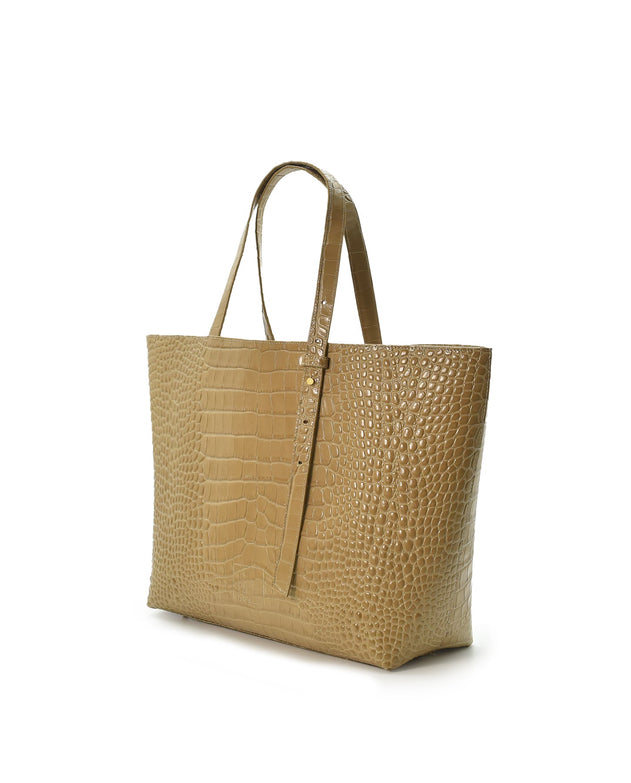 Croco Engraved Leather Shopping Bag Beige
