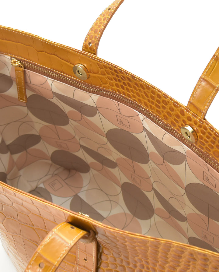 LEANDRA - Croco Engraved Leather Shopping Bag Caramel