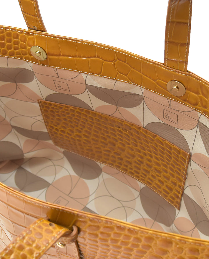 LEANDRA - Croco Engraved Leather Shopping Bag Caramel