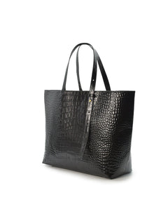 Croco Engraved Leather Shopping Bag Black