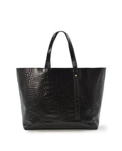 Croco Engraved Leather Shopping Bag Black