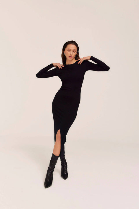 Midi Knit Dress With Cut-Out Black