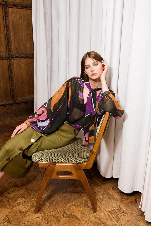 Greta Grid Numbers Print Sheer Blouse