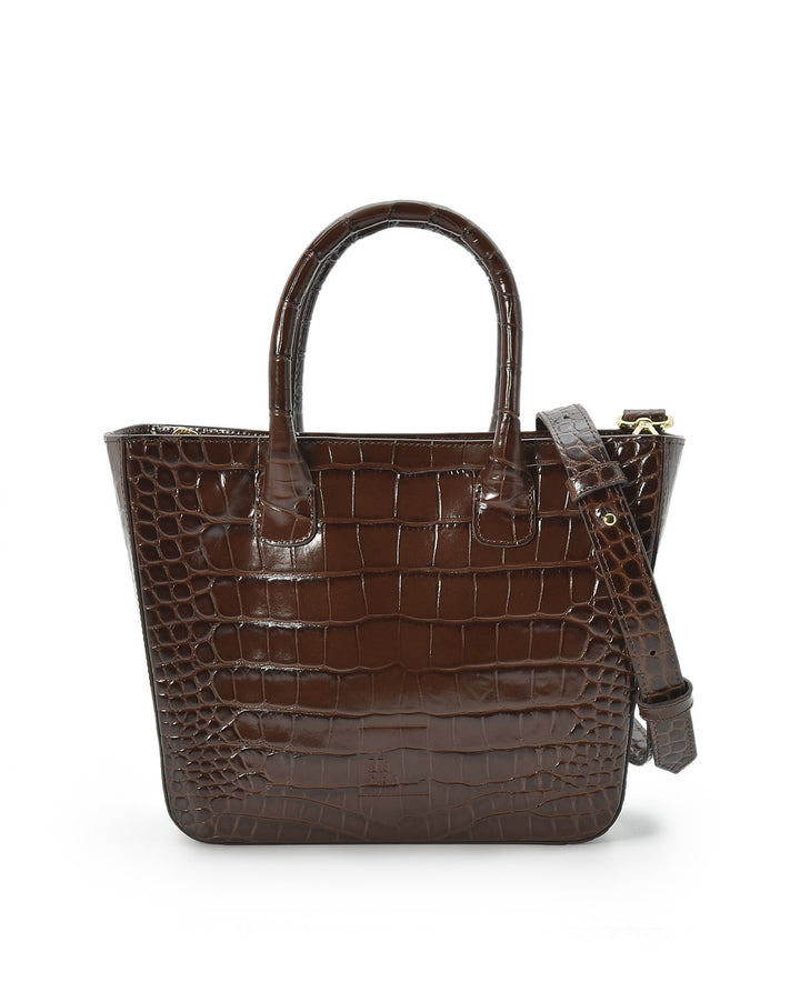 LEANDRA - Croco Engraved Leather Trapeze Bag Dark Brown