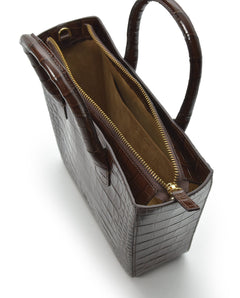 Croco Engraved Leather Trapeze Bag Dark Brown