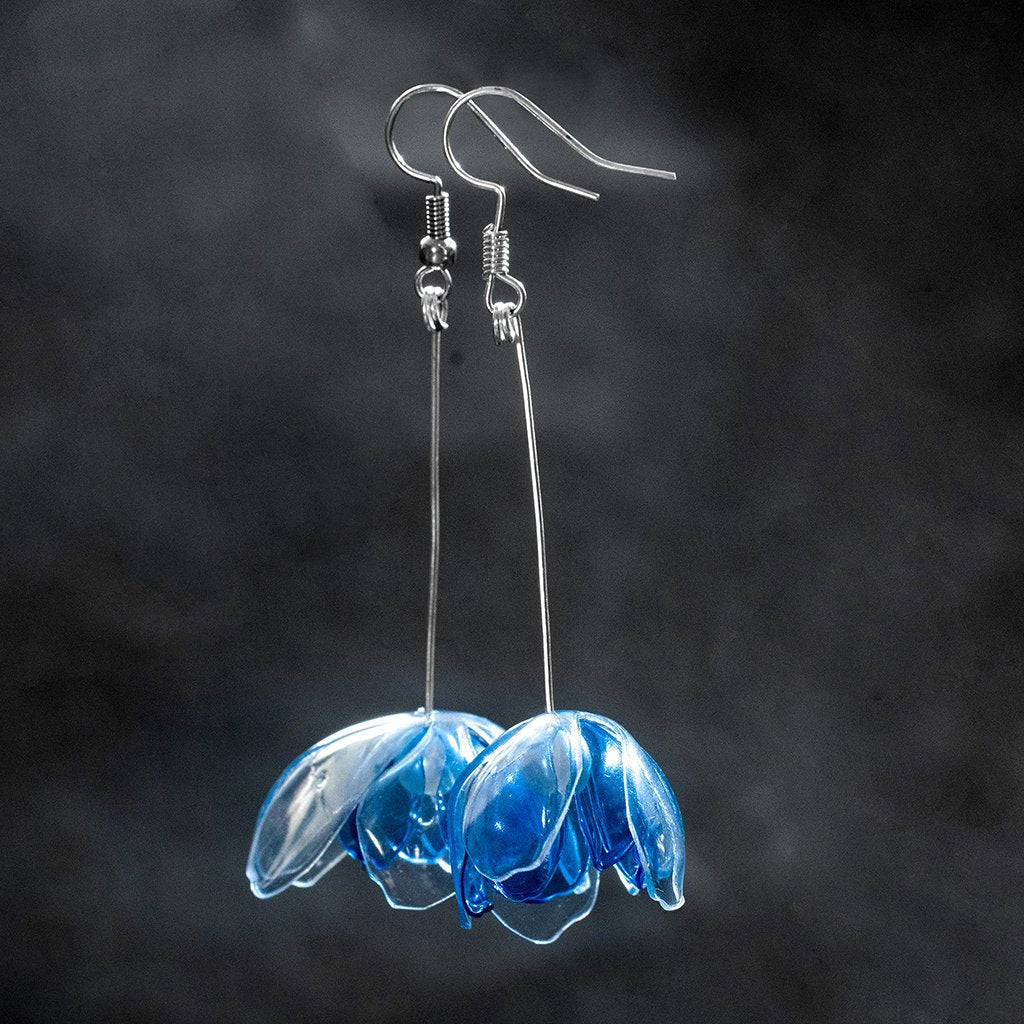 Clear & Blue Double Flowers Drop Earrings