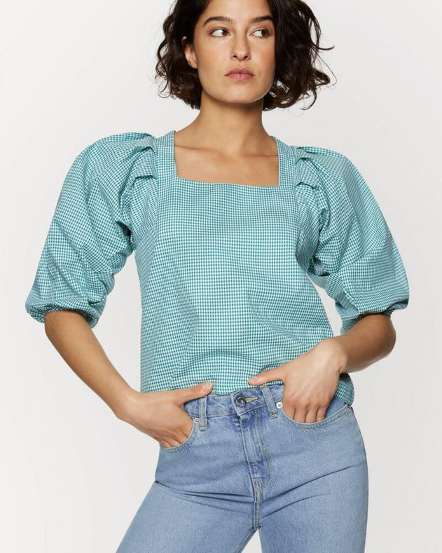 Cotton Puff Sleeve Top Green Check