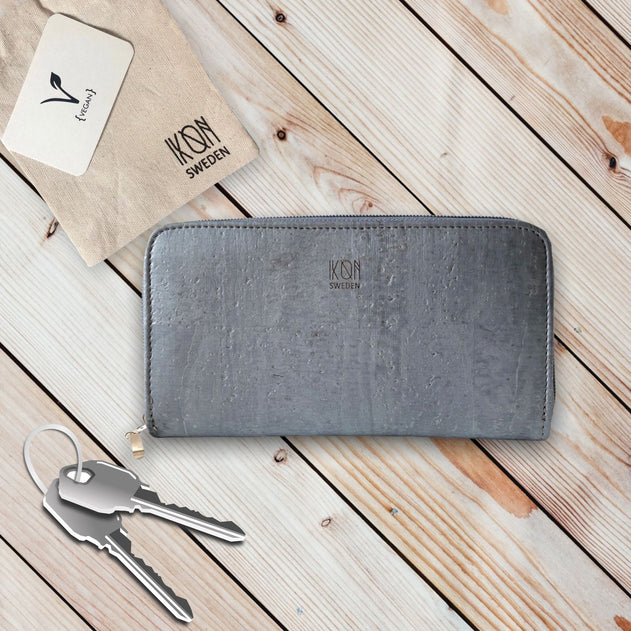 Cork Leather Zip Wallet Metallic Grey