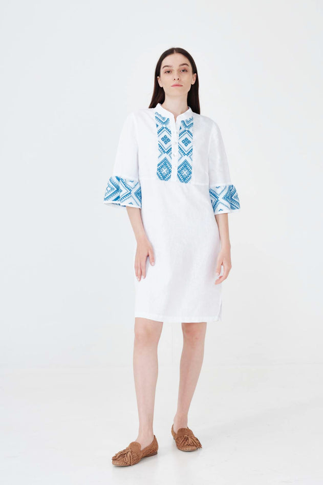 Linen Mini Dress with Embroidered Panels