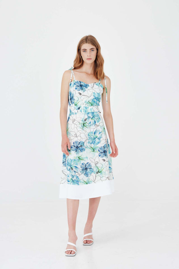 Printed Linen Midi Dress With Adjustable Straps