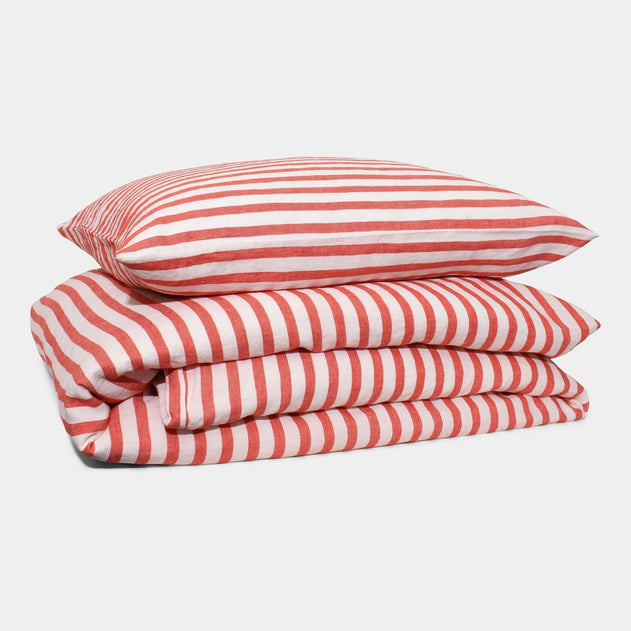 Linen Duvet Cover Set Red Stripe