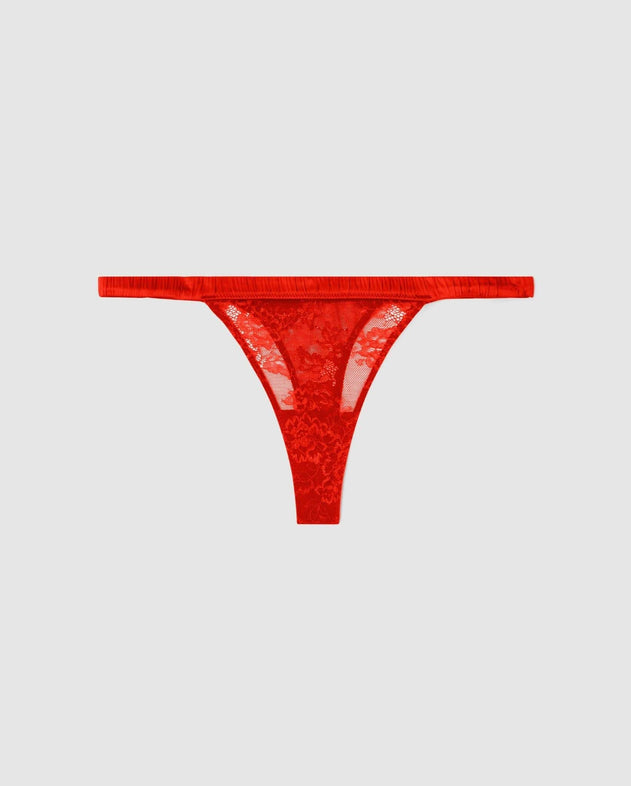 Floral Lace Satin Thong Fiery Red