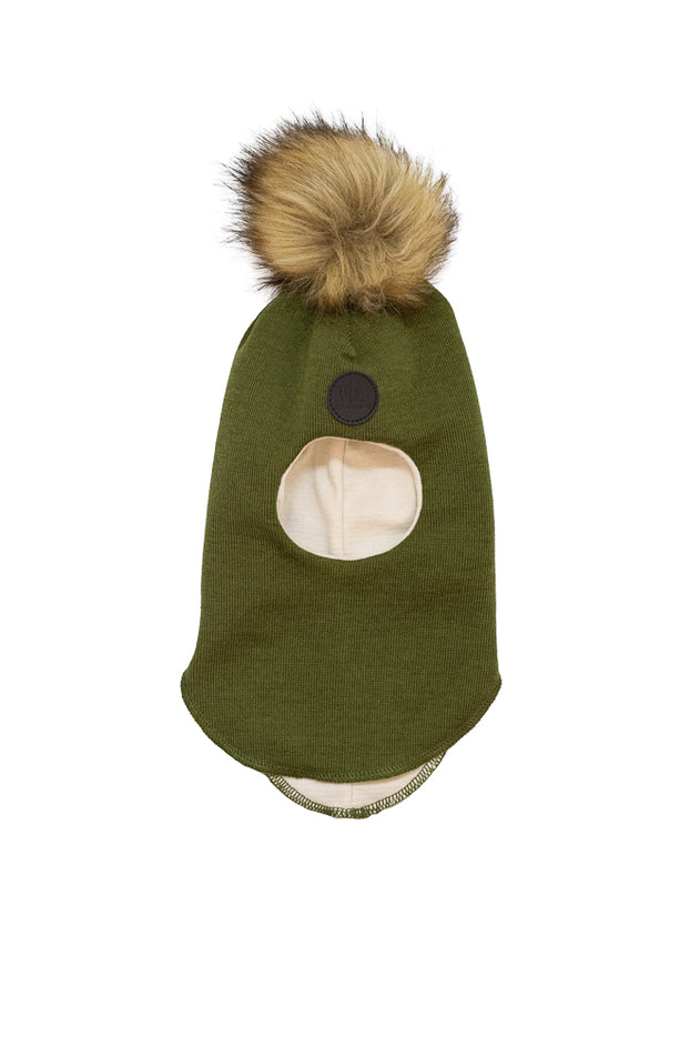 Baby's Merino Wool Faux Fur Pompom Helmet Cap Moss Green