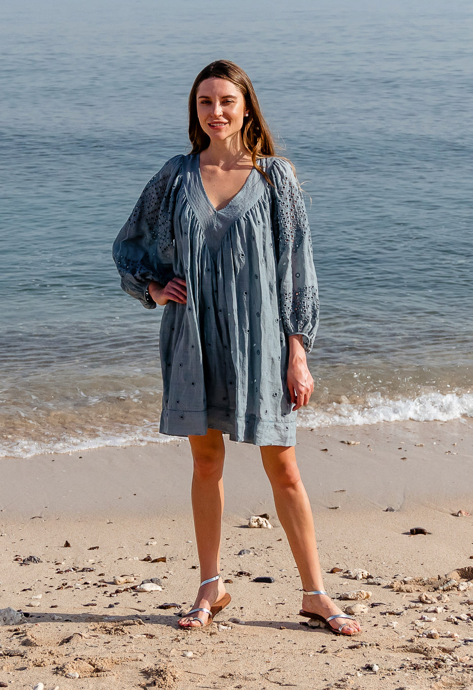 Mallorca 3 4 Sleeve Loose Fitted Ramie Dress