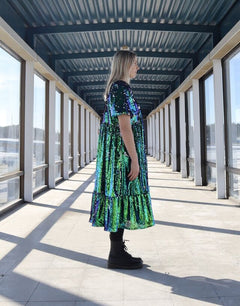 Lush Dress with Puff Sleeves Green Sequin