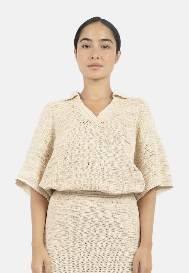 Sedona Crochet Polo Top Natural White