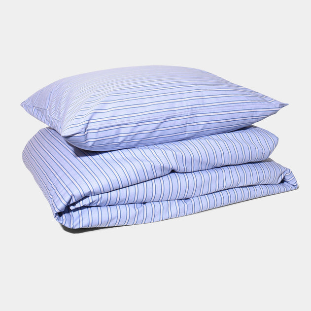 Cotton Percale Duvet Cover Set Blue Shirt Stripe
