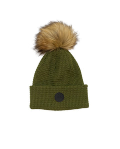 Kids' Merino Wool Faux Fur Pompom Beanie Moss Green